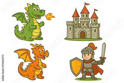 Cute cartoon fantasy set with knight, dragon, and castle. Fairytale characters for kids. Medieval hero with sword and shield. Mythical fire-breathing animal monster.