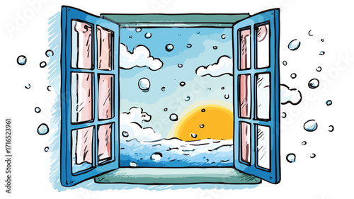 Whimsical Cartoon Vector of Open Window with Curtains