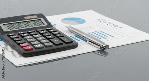 Calculator, Pen, and Report on Gray Surface: Financial Analysis