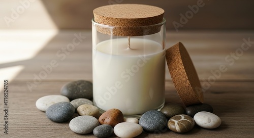 Candle in Glass Jar with Cork Lid and Decorative River Stones