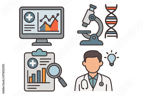 Health technology icons for medical research and healthcare data analysis. Vector set with doctor, DNA, microscope, and computer report for science and innovation concepts.