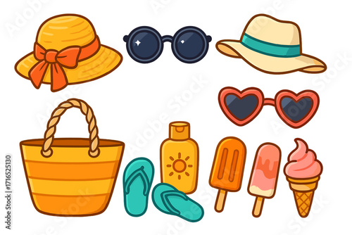 Summer beach accessories and vacation items set. Cartoon vector illustration collection with sun hat, sunglasses, tote bag, flip flops, sunscreen, popsicle, and ice cream.