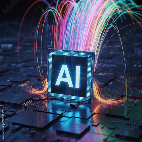 Cutting-edge AI processor with glowing circuit trails represents the future of technology and advanced computing, powering smart devices and innovative solutions for a connected world