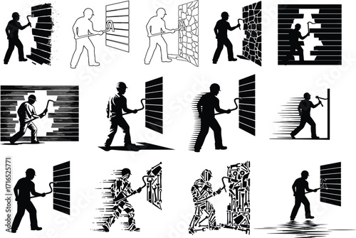 Silhouette, Wall, Barrier, Breakthrough, Painting, Puzzle, Texture, Abstract, Interaction, Creative, Conceptual, Obstacle, Fragment, Pattern, Person, Motion, Symbolic, Grid, Blackwhite, Transformation