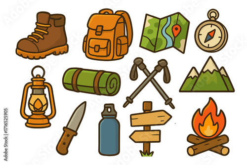 Hiking gear and camping equipment icon set. Outdoor adventure and nature exploration elements. Vector cartoon illustration of boot, backpack, map, compass, and campfire.