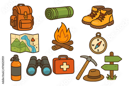 Hiking gear and outdoor adventure icon collection. Vector cartoon set of essential elements for exploration and nature. Trekking, camping, survival and travel equipment.