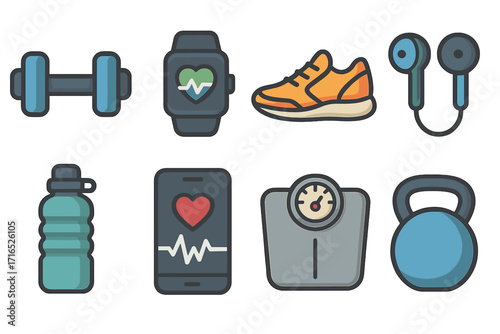 Fitness icon set with gym workout equipment. Vector illustration of dumbbell, kettlebell, scale, smartwatch. Concept for healthy lifestyle, sport, exercise, cardio, training.