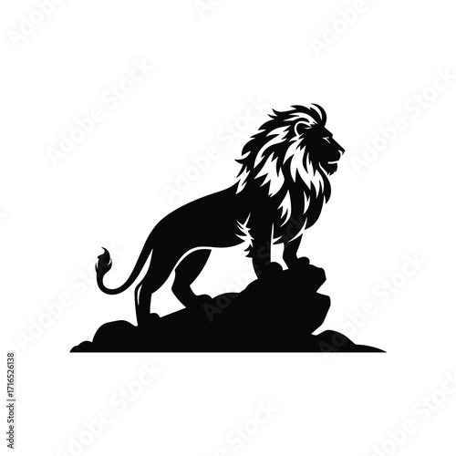 Lion Silhouette Standing on Rock – Majestic Wild Animal Vector Illustration
