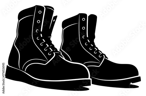 Military Combat Boots Pair Silhouette Icon black shape vector laser cutting engraving monochrome print