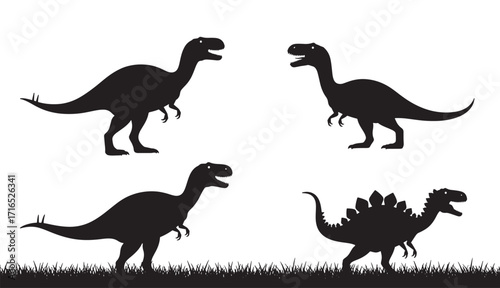 Set of four silhouettes of dinosaurs including tyrannosaurus rex and stegosaurus prowling in grassy terrain