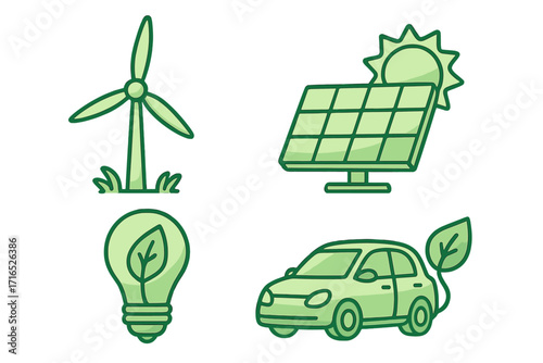 Set of green energy icons. Wind turbine, solar panel, eco lightbulb, and electric car. Renewable power sources and sustainable transportation vector cartoon illustration.