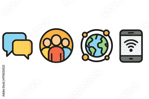 Set of communication icons. Global connection and community symbols. Social media, network, and technology concepts for modern society. Vector chat, group, world, and phone icons.