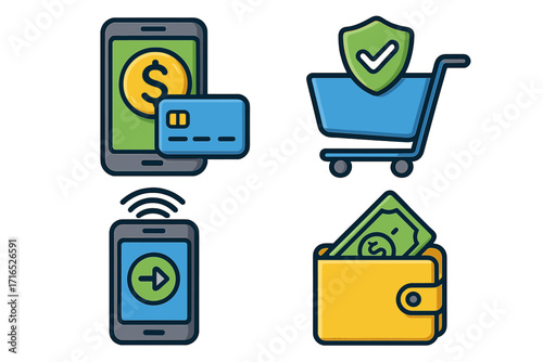 Vector icon set for digital payment methods. Mobile banking, secure e-commerce shopping cart, contactless transfer, and wallet with money. Finance technology cartoon icons.
