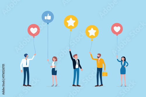 Diverse group of business professionals holding balloons with social media icons and stars representing feedback and ratings