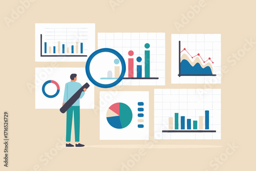Man analyzing financial data and charts with a magnifying glass for business insights and strategy planning