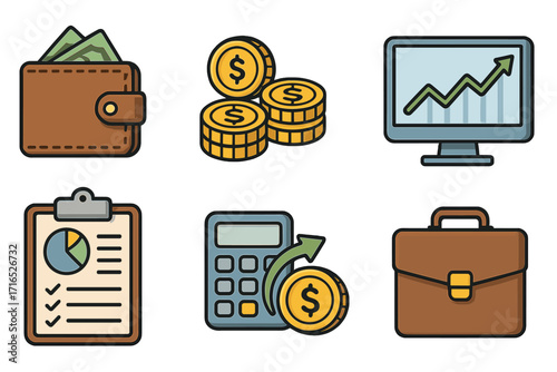 Finance and investment icon set for business. Vector cartoon icons for personal finance management. Money savings, growth chart, profit analysis, financial report planning tools.