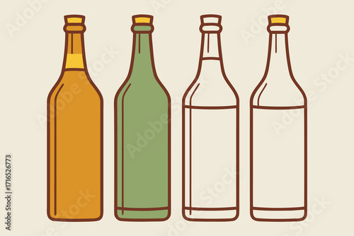 Four stylized bottles and glasses in amber green and outline on cream background vector
