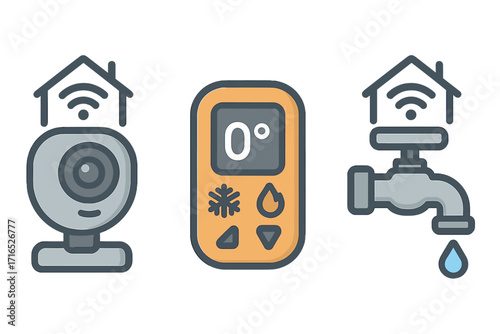 Smart home vector icon set. Home automation system symbols. Security camera, climate control thermostat, and water management icons. Internet of Things (IoT) technology concept.