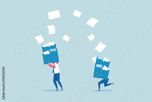 Overwhelmed businesspeople struggling with excessive paperwork and documents flying around