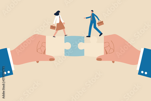 Business people walking across a puzzle bridge held together by giant hands representing teamwork and connection
