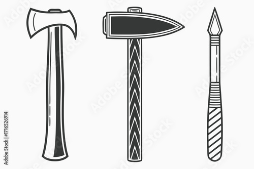 Set of three primitive stone tools axe hammer spearhead on white background stone axe primitive tool