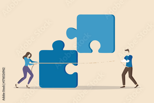 Two people pulling a rope attached to large blue puzzle pieces in a tug of war metaphor