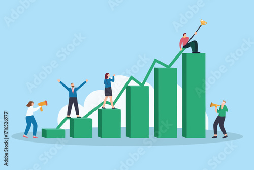 Business team celebrating success and growth on a vibrant green bar chart with upward trend line