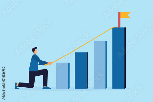 Man pulling a rope to raise a flag on a bar graph representing business growth and success