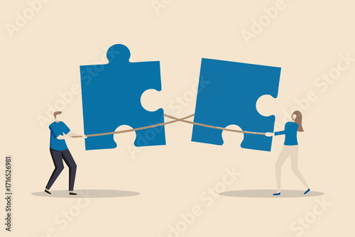 Two people pulling on ropes attached to large blue puzzle pieces trying to connect them