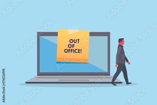 Man walking away from laptop with out of office message on screen