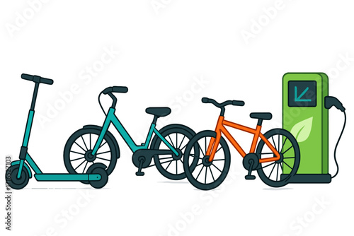 Sustainable urban transportation. Electric scooter, e-bike, and bicycle at EV charging station. Eco-friendly city mobility, micromobility, and green energy concept vector.