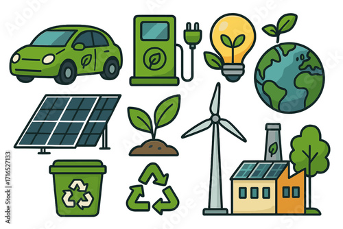 Eco friendly icons set. Green energy concept. Sustainable living illustration. Electric car, solar panel, wind turbine, recycling symbol, planet earth. Ecology vector pack.