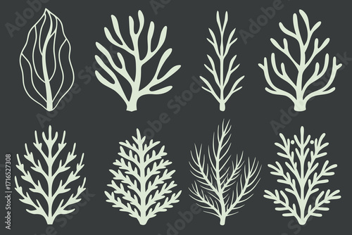 Set of eight stylized light green underwater plant shapes on dark gray background kelp coral
