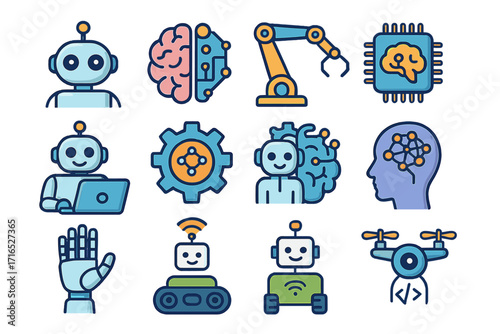 Robotics and artificial intelligence icon set. Technology concepts like machine learning, neural network, automation. Vector icons of robot, bot, AI brain, drone, and cyborg.