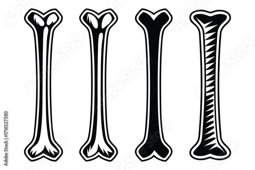 Four black bone and fossil shape silhouettes with white outlines and details on a white background vector