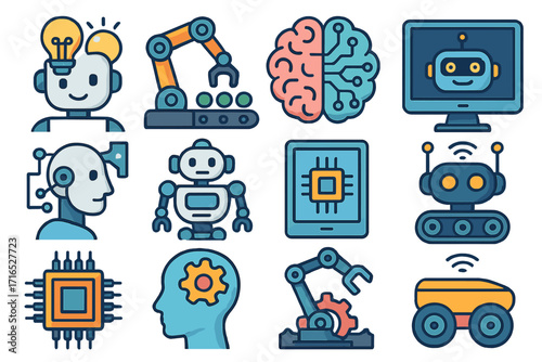 Robotics and artificial intelligence icon set. AI, machine learning, automation technology symbols. Vector icons of robot, brain, CPU, chatbot, and industrial automation.