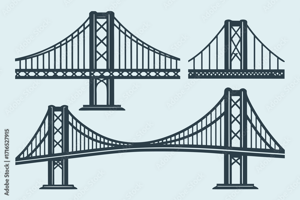 Obraz premium Four dark blue suspension bridge silhouettes on a light blue background vector