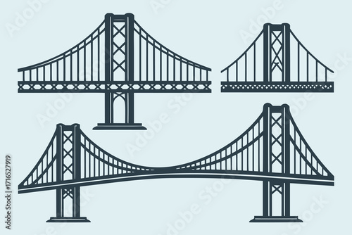 Four dark blue suspension bridge silhouettes on a light blue background architecture engineering