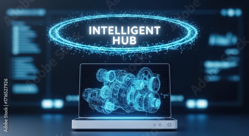 Blue digital schematic of mechanical components displayed on a laptop screen with Intelligent