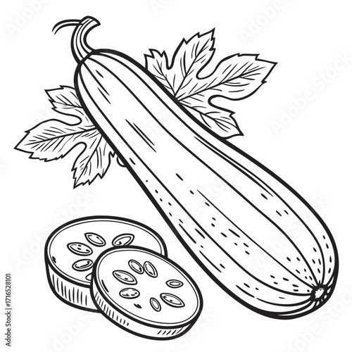 Detailed Black and White Illustration of a Zucchini with Slices and Leaves