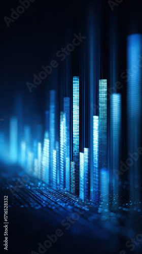 Financial data bar chart blue glow abstract technology pulse in futuristic city skyline