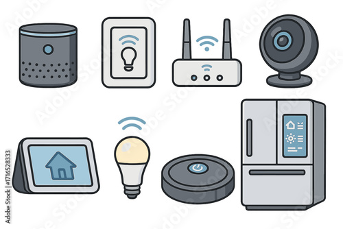 Smart home automation vector icon set. Internet of Things (IoT) concept with connected devices. Featuring smart speaker, light, security camera, router, display, and appliances.