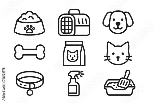Pet care icon set for dog and cat owners. Vector line art collection of essential items: food bowl, carrier, bone, collar, litter box. Minimalist symbols for pet shop, vet clinic.