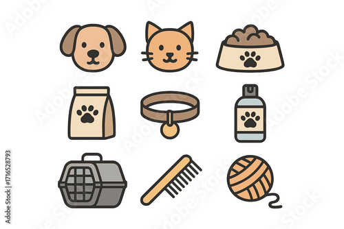 Pet care icons. Dog and cat essentials vector set. Minimalist cartoon illustrations of animal food, collar, carrier, brush, toy. Pet shop, vet clinic, grooming supplies.