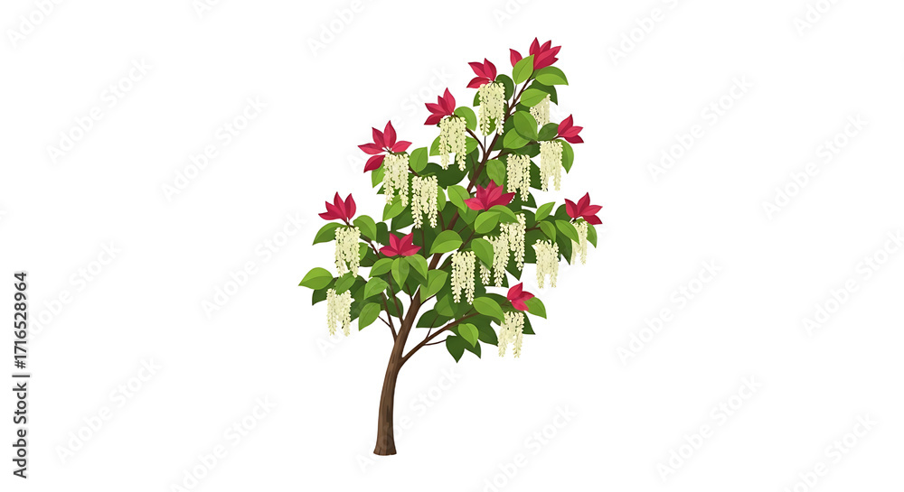 Fototapeta premium Vibrant Illustrated Tree with Red and White Flowers and Green Leaves.