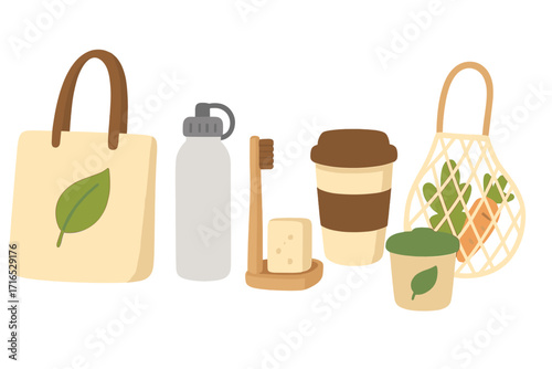 Zero waste lifestyle essentials for sustainability. Set of eco friendly and reusable products. Plastic free concept. Eco bag, coffee cup, toothbrush, water bottle vector.
