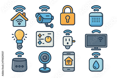Smart home icons illustrating connected devices for home automation. Vector icon set for IoT. Includes security camera, smart plug, speaker, lightbulb, and mobile control.