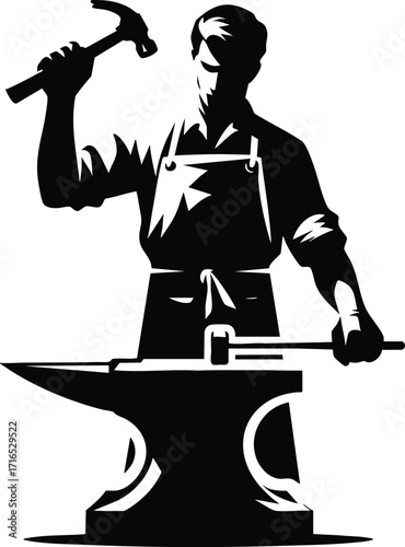 Blacksmith hammering a metal part on an anvil vector Illustration isolated on a white background