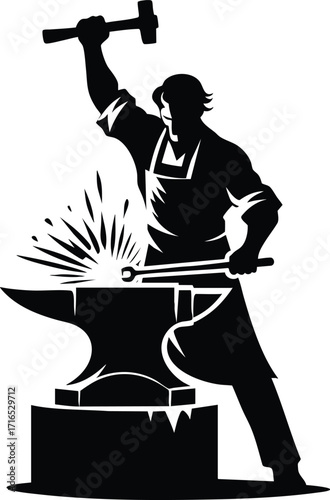 Blacksmith hammering a metal part on an anvil vector Illustration isolated on a white background