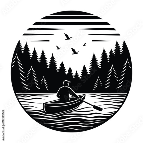 A solitary figure paddles a canoe across a serene lake surrounded by a dense forest of evergreen trees under a stylized striped sky with flying birds